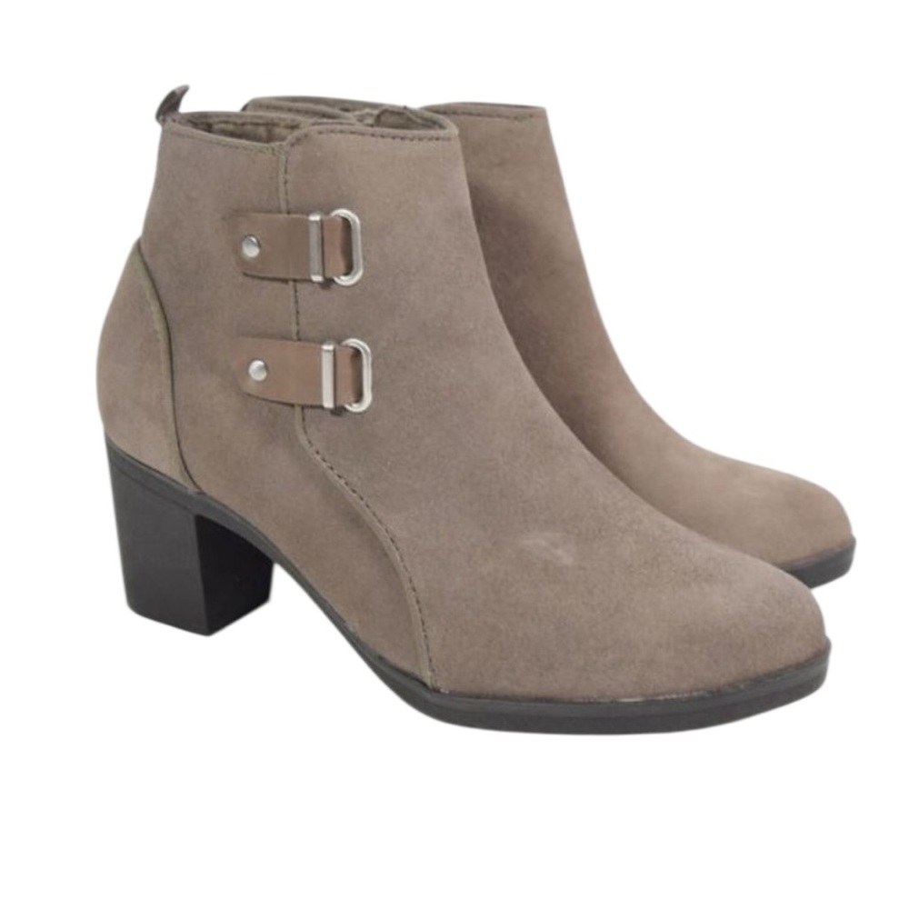 Clarks Collection Meera Yew Taupe Leather Suede Block Heel Ankle Boots